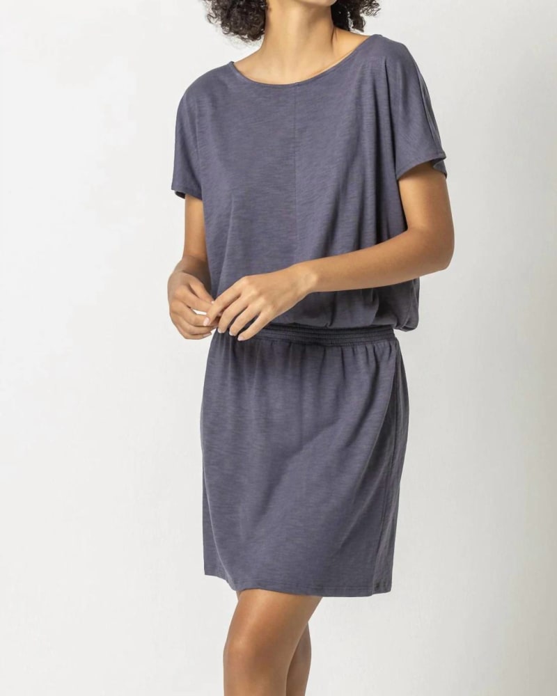 Front of a model wearing a size L Dolman Sleeve Dress in Neptune in Neptune by Lilla P. | dia_product_style_image_id:363237